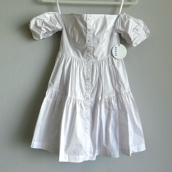 Staud Mini Elio Dress in White / Off The Shoulder Prairie Dress w/ Puffy Sleeves - Picture 5 of 13